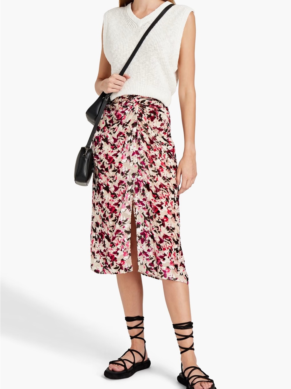 New Rag & Bone Pink Print Midi Skirt with Front Slit burnout crushed velvet Sz 2